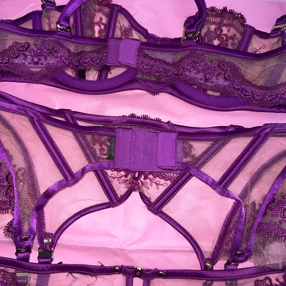 RARE - Honey Birdette Purple Lace Lingerie Set Bra Garter AND Panties - Picture 12 of 12